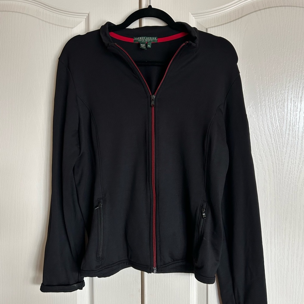 Ralph Lauren Active Petite Black Stretch athletic jacket red zipper Large Petite